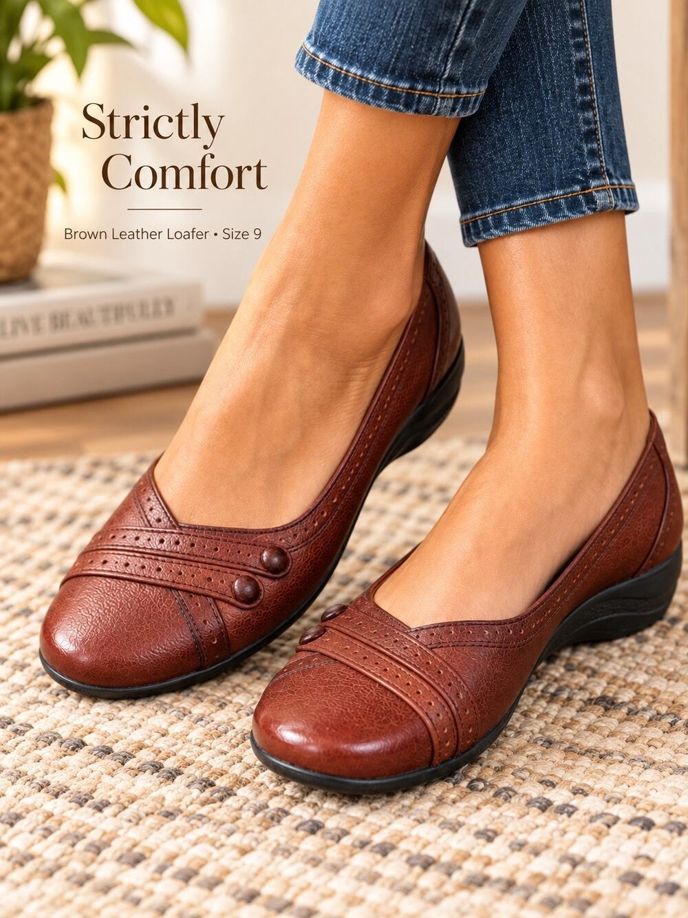 Strictly Comfort Women’s Size 9 Brown Leather Comfort Loafers Slip On Shoes